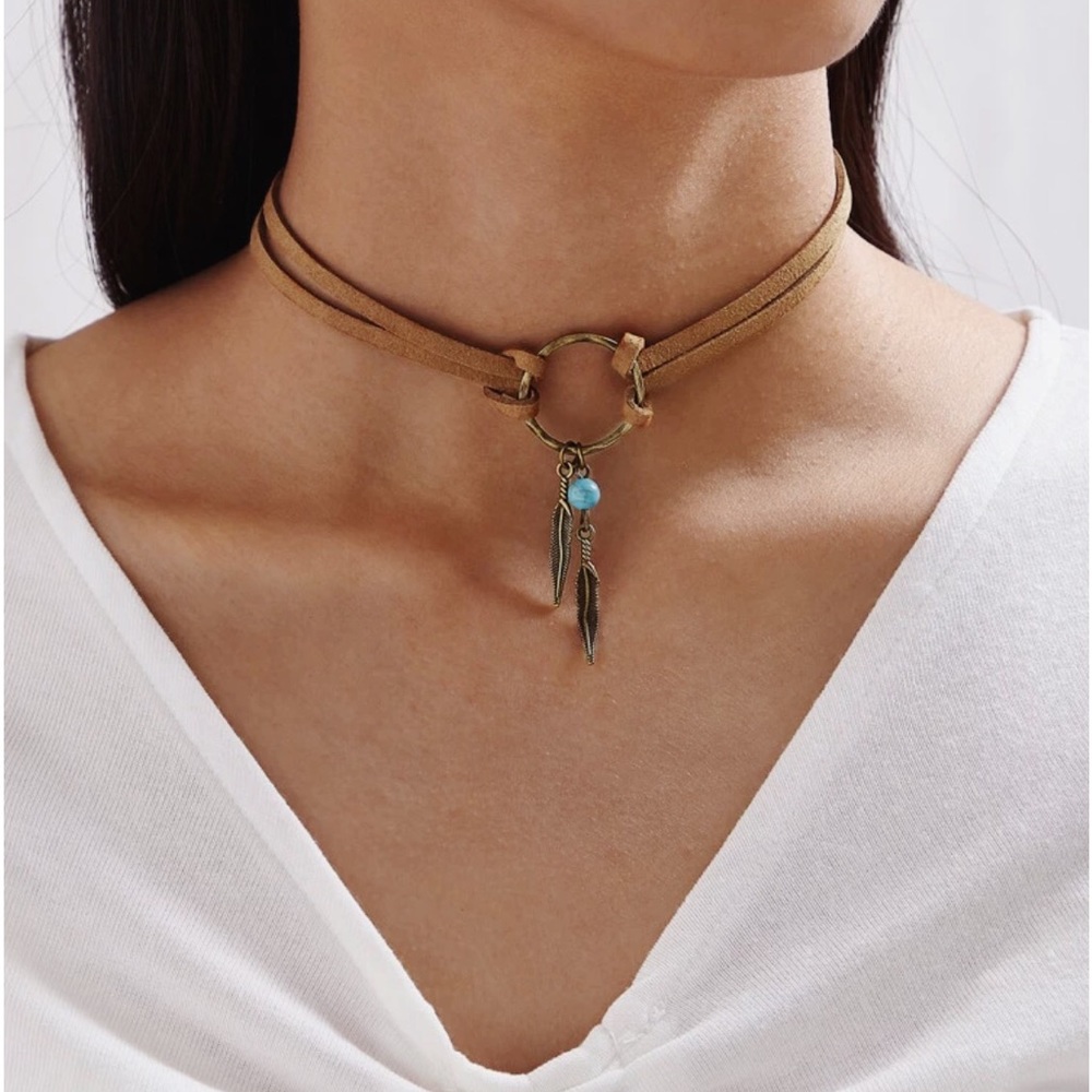 Vegan Leather Turquoise Feather Charm Choker